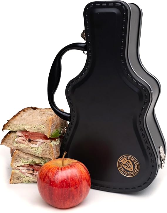 Suck UK Guitar Lunch Box | Vintage Metal Lunch Box For Kids | Guitar Shaped Case | Retro Rockstar Tin Case with Handle | Rockstar Lunchbox | Old School Lunchbox | Tip Jars For Musicians | Novelty Gift