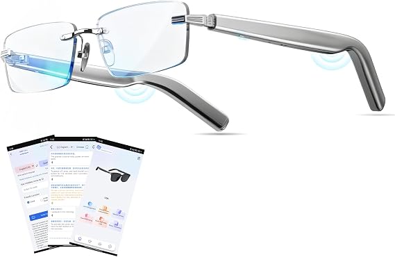 AI Smart Bluetooth Glasses for Men and Women with Chat GPT, Translation Glasses with 115 Languages and Rimless Blue Light Blocking Lens, Hands-Free Calls, Indoor Protection for Iphone Android Music