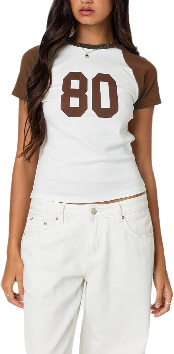 Summer Crop Top Number 80 Fitted Blouse Short Sleeve Round Neck T-Shirt Y2k Graphic Baby Tee Teen Girls Harajuku