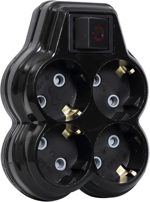 4lü Anahtarlı Golyat, Dörtlü Topraklı Priz Çoklayıcı Fiş, Siyah renk, 16A 250 Volt, Max 3600 Watt