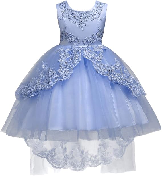 Flower Girls Vintage Overlay Lace Beaded Rhinestone Wedding Tulle Dress Hi Low Communion Party Dance Tutu Gown with Train