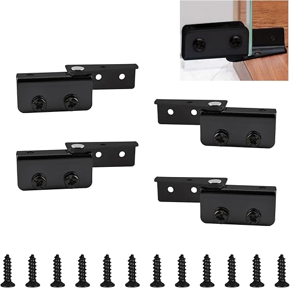 Glass Door Hinge, 4Pcs Side Mounted Frameless Pivot Hinges Clamp, Adjustable Cabinet Clip Replacement Kit, Fit for Less Than 5mm Free-Swinging Door (Black)