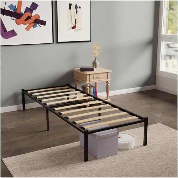 Dreamzie - Metal Bed 90 x 190 cm with Wooden Slatted Frame - 41 cm Height