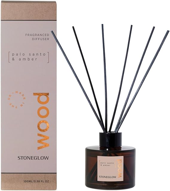 Stoneglow Elements Wood Palo Santo & Amber Scented Reed Diffuser 100ml, Lasts 8 Weeks, 12 Rattan Reed Diffuser Sticks, Refillable Fragrance, Air Freshener for Home, Patchouli & Sandalwood Notes