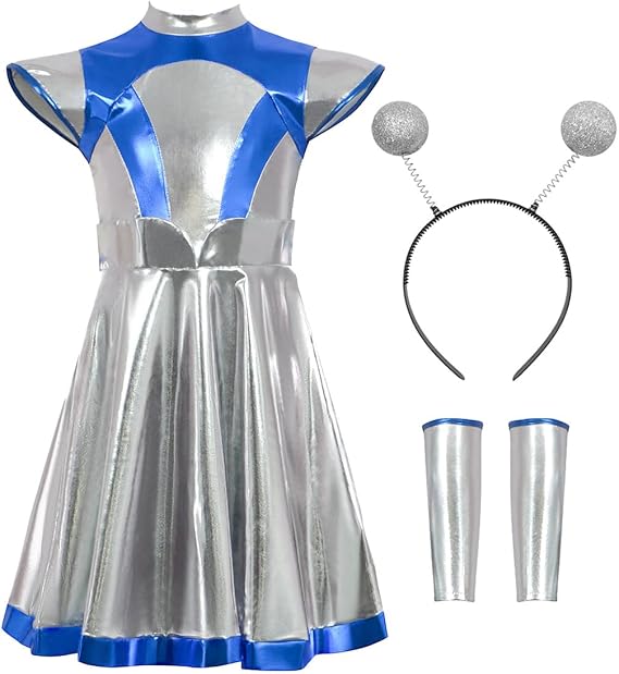 3 Pcs Women Alien Costume Metaillic Dress Cosplay Halloween Robot Outer Space Outfit With Gloves Headband
