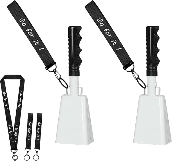 10 Inch Cowbells with Handle, Cheering Bell Noice Maker for Sporting Events-Football Games, Stadiums, Chimes Percussion Musical Instruments Call Bell Alarm 2 Pack (White)