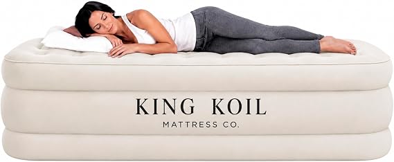 King Koil Air Mattress Full with Built-in Pump, Inflatable Blow Up Bed | , patented coil-beam support, flocked waterproof top, inflates in 90 sec, puncture-resistant PVC, 600lb capacity