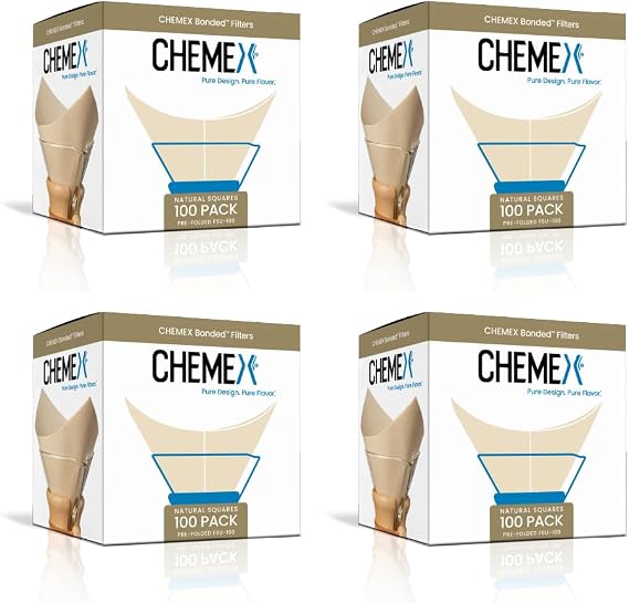 Chemex Natural Coffee Filters, Square, 100 Count 4 Pack, Pour Over Filter