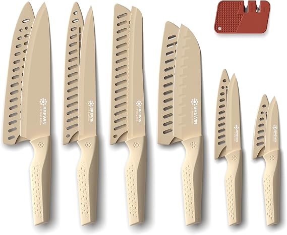 Brewin Knife set, 13 Pieces Kitchen Knives Set, Anti-Rust Coating and Blade Guard, Home Essentials - Sand