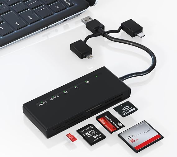 Memory Stick Pro Duo Adapter for iPhone, Computer - 7-in-1 Memory Card Reader with Lightning, USB C, USB A 3.0 (5Gbps High Speed), Read 5 Cards Simultaneously for SD, Micro SD, CF, MS, XD