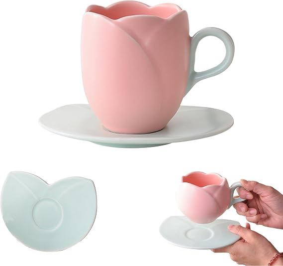 Ceramic Tulip Coffee Mug with Saucer Set, Creative Ceramic Coffee Cup with Coaster Breakfast Milk Cup Set, Tulip Flower Cup with Comfortable Handle (Tall Cup-Pink)