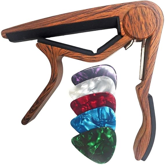 WINGO Flat Guitar Capo for Classical Guitars-Rosewood Color with 5 Picks