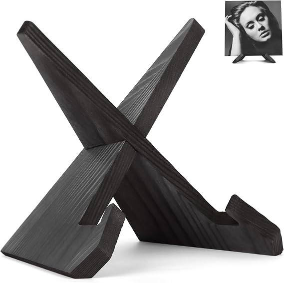 PUERSI Now Playing Vinyl Record Stand, Wooden Display Vinyl Holder Stand | Retro Now Spinning Record Accessories - Black
