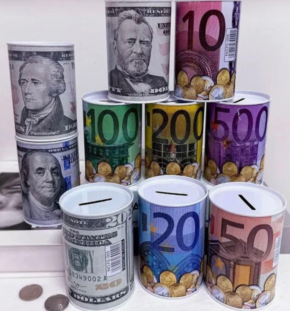 Euro dolar desenli metal kumbara silindir tasarruf para kutusu 1 adet