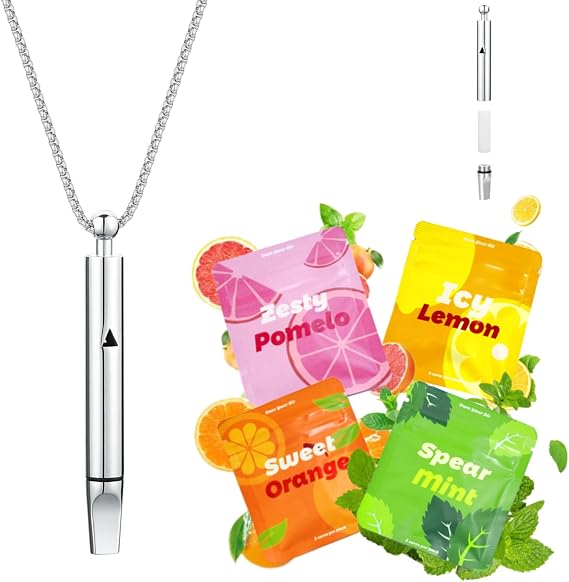 Breathing Necklace to Replace Bad Habit with 12pcs Refillable Cores in 4 Flavours, Habit Support Necklace for Stress Relief, Refreshing Inhaler Sensory Fidget Necklace for Adults (Silver)