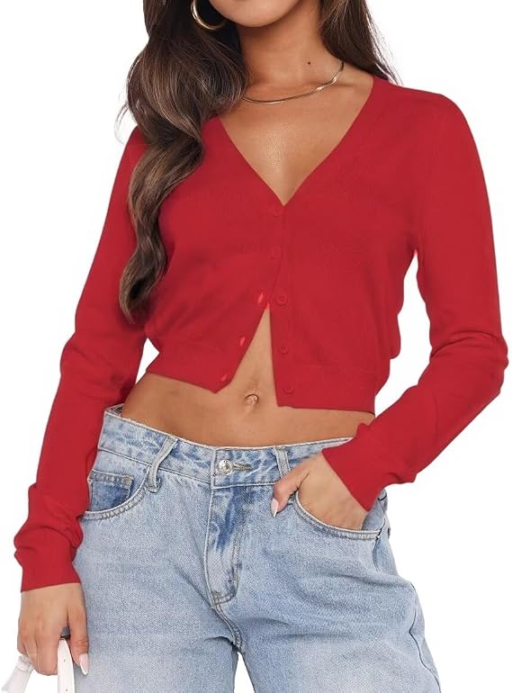 LEEDYA Womens Long Sleeve Cardigans Open Front Fall V Neck Cropped Sweater