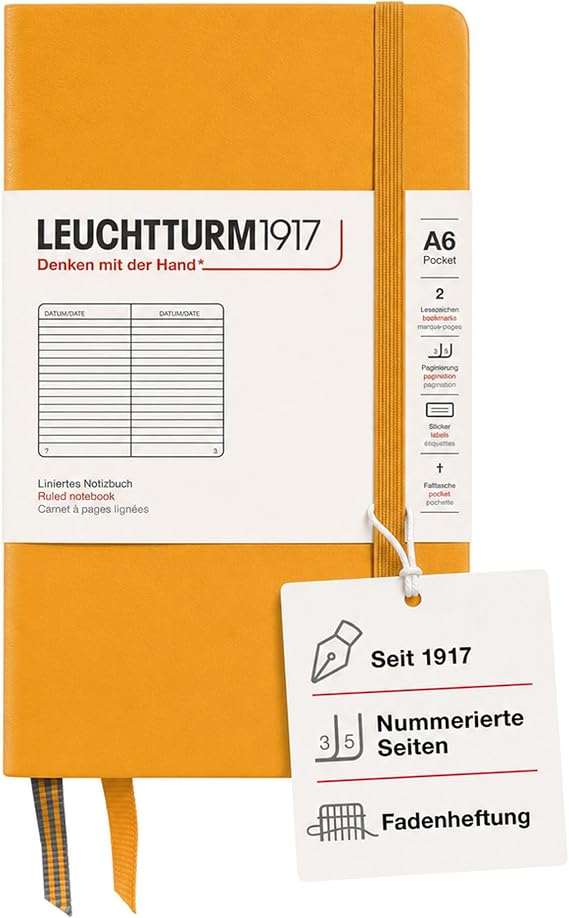 LEUCHTTURM1917 365627 Notebook Pocket (A6) Hardcover 187 Numbered Pages Rising Sun Lined