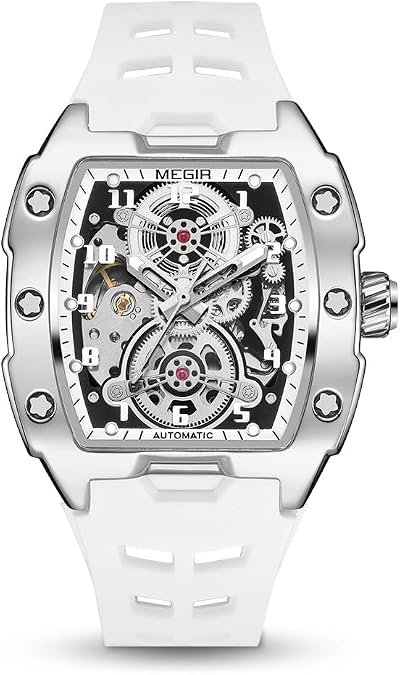 MEGIR Automatic Mechanical Men Watch, Silicone Band, 43x50mm Alloy Case, 3ATM Water Resistant, Luminous Hands
