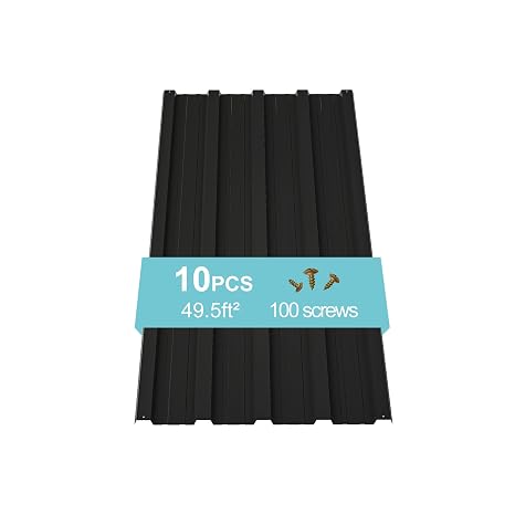 Metal Roof Panels 10 pcs 50 ft2 Galvanized Steel Corrugated Tin Roofing Panels Gazebo Top Cover Garages,Sheds, Stables and Mobile Homes Replacement for Patio Outdoor Garden, Black
