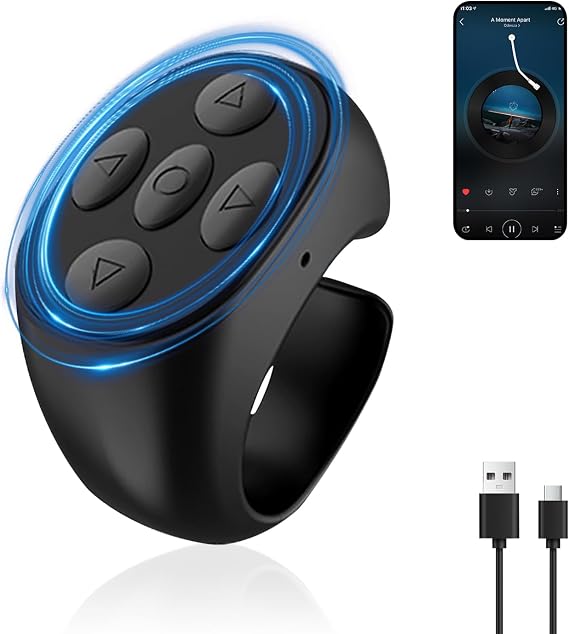 Fingertip Wireless Bluetooth Remote Control, 2025 New TIK-to-k Remote Control APP Kindle Page Turner, Scrolling Rings Rechargeable Camera Video Recording Remote (Black-USB) (Black)