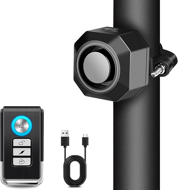 Cruxer 110dB Bike Alarm with Seatpost Bracket, USB-C Recharge with Remote