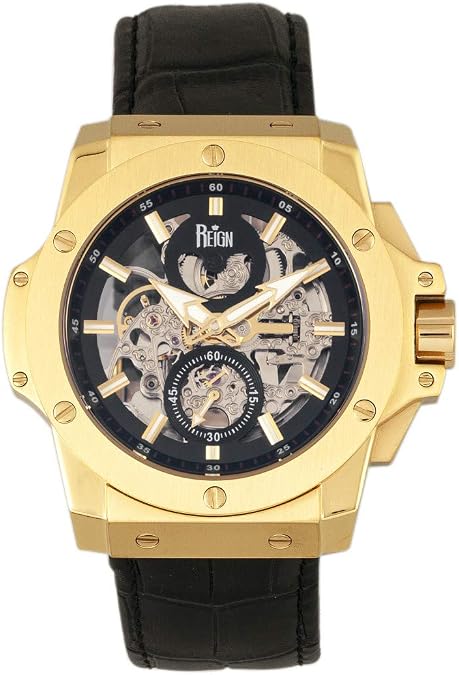 Reign Commodus Automatic Skeleton Leather-Band Watch, Gold/Black, One Size, REIRN4004