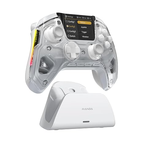 FIEHDUW NO DRIFT ManbaOne Interactive Screen Gaming Controller for PC/Switch/Switch 2/iOS/Android 1800mAh Hall Effect Controller with LED Mapping Buttons Charging Dock (Silver White)