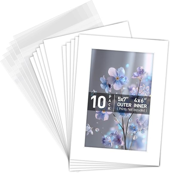 Golden State Art 10 Pack White 5x7 Mat for 4x6 Photo with Backings+Bags