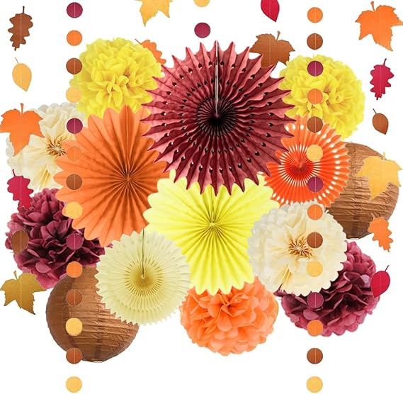 Fall Party Decorations Orange Burgundy Paper Fans Paper Pom Poms Lanterns Maple Leaf Garland Circle Dot for Autumn Harvest Birthday Fall Bridal Shower Baby Shower Thanksgiving Party Decor