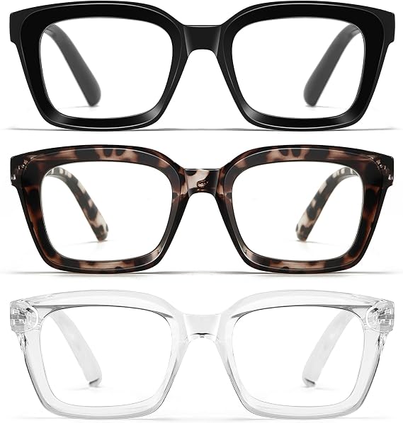 Oversized Reading Glasses for Women - 3 Pack Square Blue Light Readers with Spring Hinge (Black+Leopard+Transparent, 1.0, Diopters)