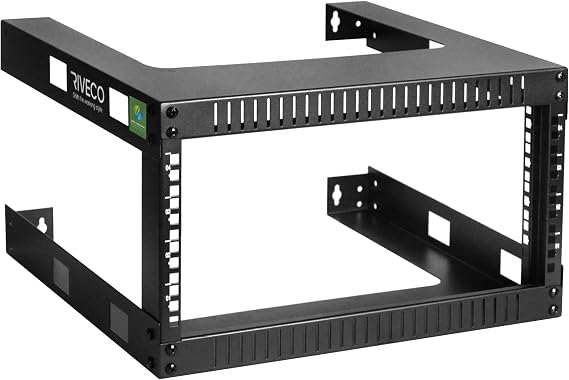 RIVECO 4U 19" Wall Mount Network Rack 17.7" Deep 2 Post Open Frame Cabinet Easy Assembly Firm Constructed Shelf for Internet/Server/AV/Home Equipment/Patch Panel Heavy Duty Light Weight,Black