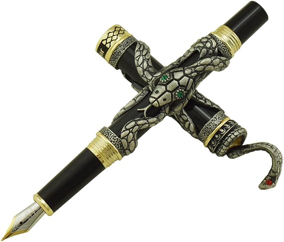 Jinhao Snake Fountain Pen,Calligraphy Pen for Writing, Black 3D Cobra Business Pen with Ink Refill Converter, Medium Nib, Classic Design Pens Collection
