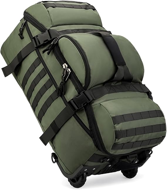 70L Wheeled Duffel Backpack Rolling Travel Bag Water Resistant Holdall with Hidden Straps Heavy Duty Foldable Sports Duffel Bag for Overnight Camping Beach Business Trip Storage (Green)