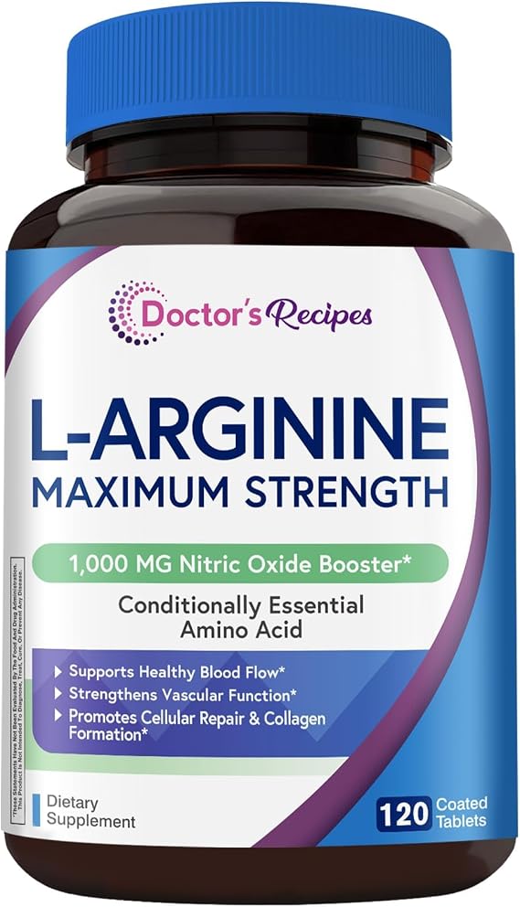 Doctor's Recipes L-Arginine 1000mg, Maximum Dose, Nitric Oxide Production, Blood Flow and Vascular Function, Endurance and Workout Support for Men and Women, 120 Coated Tablets