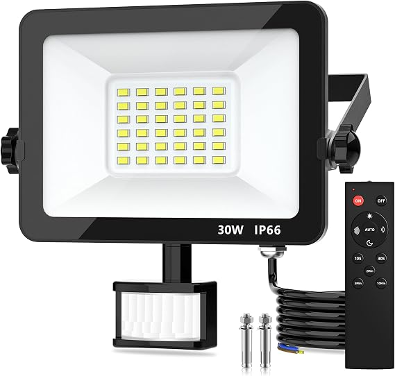 Motion Sensor Outdoor Security Light, 30W 2750 Lumen LED Floodlights with PIR Sensor, IP66 Waterproof Motion Sensor Outdoor Wall Light with Remote Control for Garden, Backyard (30W) (1, 30W) [Energy Class E]