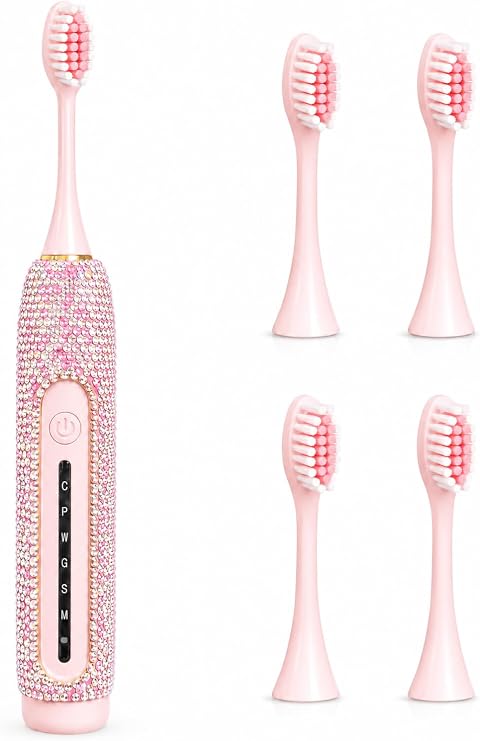 Sonic Electric Toothbrush for Women, Pink Rhinestone Bling Design, 6 Brushing Modes, Rechargeable Toothbrush with 3 Replacement Heads for Travel & Gifts