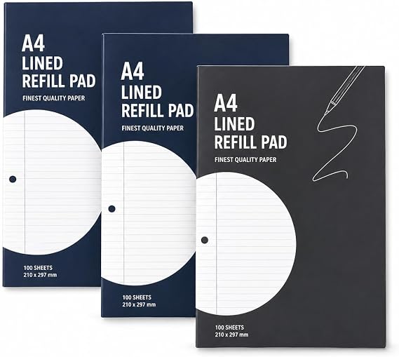 G4GADGET A4 Refill Pad Pack of 3 – 130 Pages / 65 Sheets, 54GSM Lined & Margined Writing Pads, 4 Hole Punched A4 Notepad with Perforated Pages for School, Office & Study