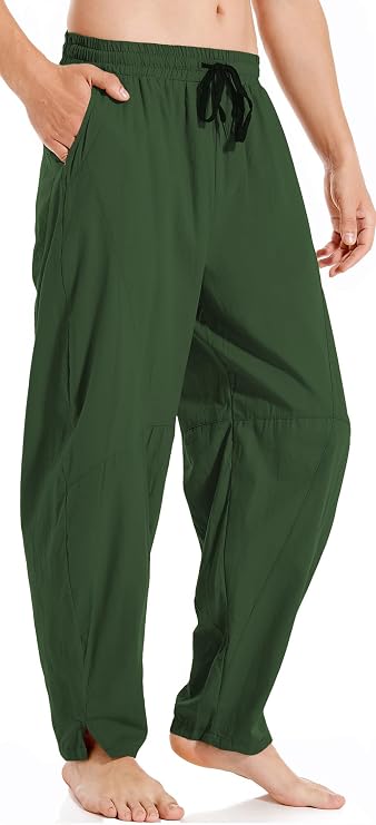 AITFINEISM Mens Cotton Linen Pants Elastic Drawstring Waist Lightweight Summer Beach Pants