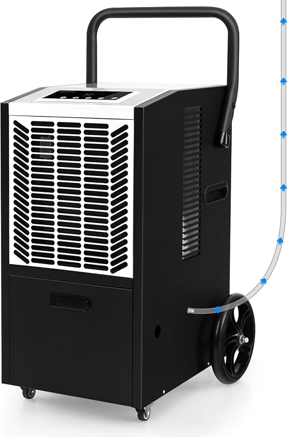 COSTWAY 66L/Day Commercial Dehumidifier, Industrial Air Dehumidifiers Building Dryer with Pump, 24H Timer, Auto Defrost, Memory Starting, LED Display & Wheels, Air Circulation 210m3/h (White + Black)