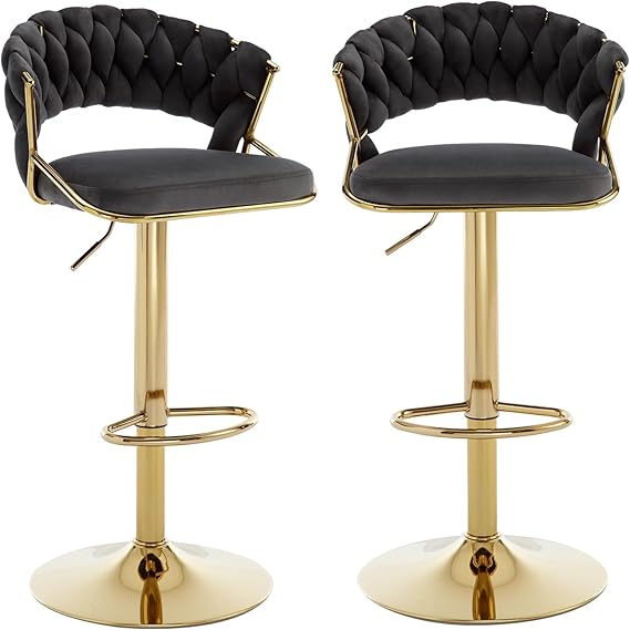 Velvet Gold Bar Stools Set of 2 With Woven Backrest,Dark Grey