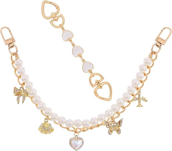 2 Pcs Gold Bag Charm Chain Strap - Decorative Replacement & Extension Chains with Enamel Heart and Peal for Women’s Tote Shoulder & Crossbody Bags Handbag Handle Accessories