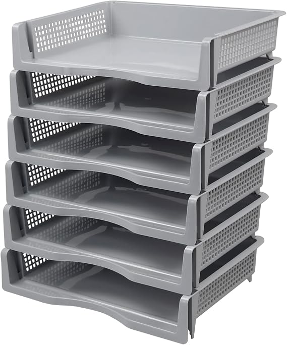 Stackable A4 Plastic Storage Baskets 6 Packs Grey
