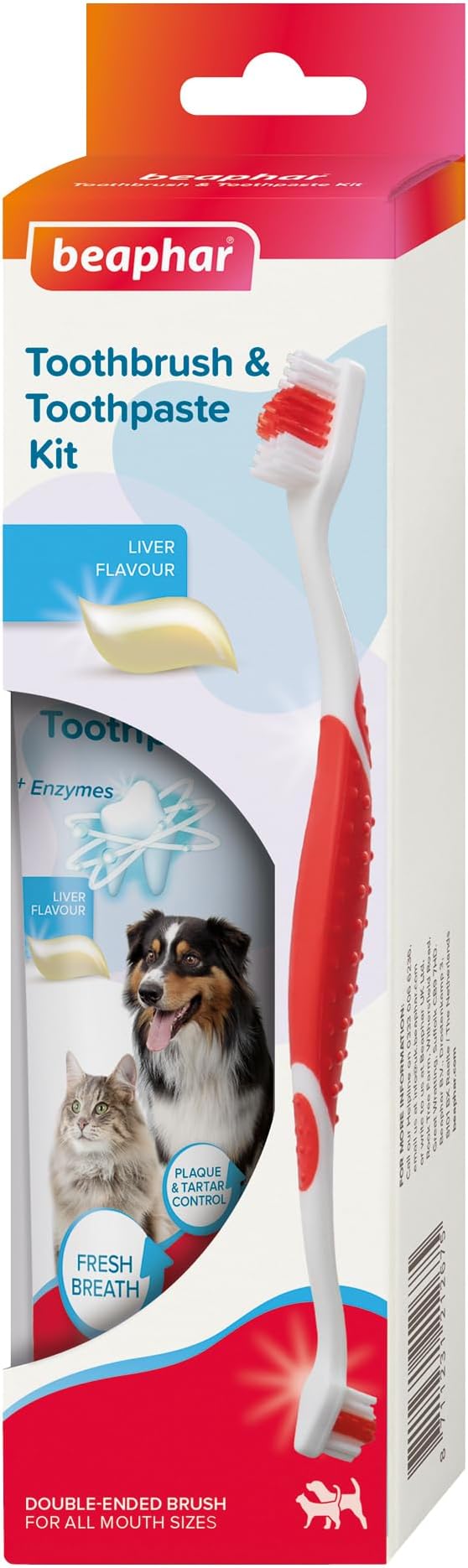 Beaphar - Toothbrush & Toothpaste Dental Care Kit for Cats & Dogs - Double-Ended Toothbrush & Liver Flavoured Toothpaste with Enzymes - Helps Control Plaque & Tartar - 1 Toothbrush & 100g Toothpaste