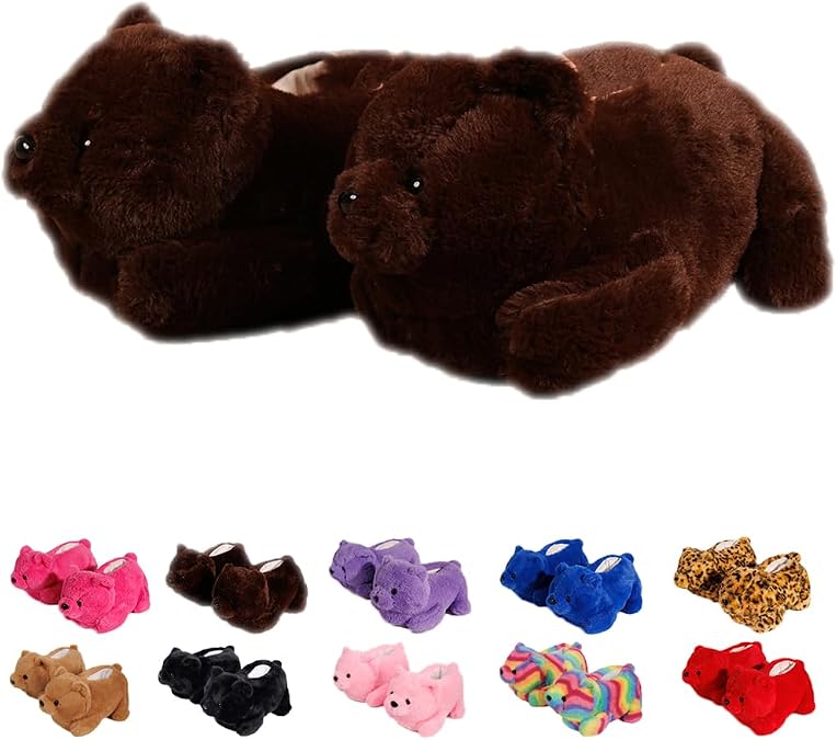 Jfxgjuv Teddy Bears Slippers, Plush Teddy Bear Slippers, Cute Animal Bear Slipper Winter Warm Fuzzy House Slides Funny Indoor Cozy Shoes for Women Men