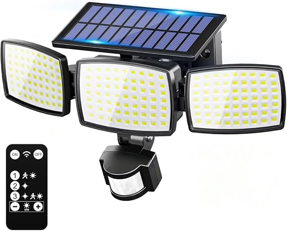 Solar Security Light Outdoor Light 189LED 1200LM, 3 Modes Solar Lights Outdoor Garden with Remote Control 3 Heads, Motion Sensor Lights Outdoor Solar Floodlight IP65 Wall Lights for Yard, Garage 1P [Energy Class A+++]