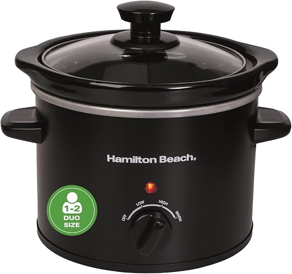 Hamilton Beach 1.8L Mighty Mini Slow Cooker, 90W Energy-Efficient Design, Removable Ceramic Bowl, 3 Heat Settings, Compact for 1-2 People, Easy Clean, Black - HBSC020B