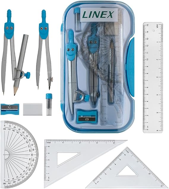 Linex Maths Geometry Set, 10-Piece Exam Kit with Transparent Case, Blue, Includes Self-Centring Compasses, Protractor, Ruler, Set Squares & Eraser