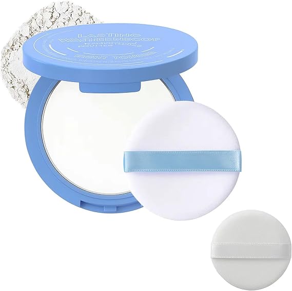 Pressed Face Powder Compact, White Pan, Blue Round Hinged Case With Puff