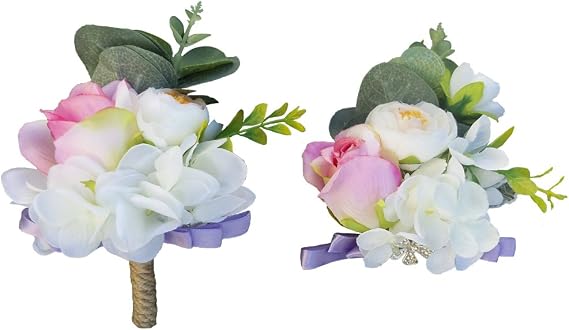 Abbie Home Lavender Rose Wedding Bouquet - White Rose Peony Bridal Holding Flower with Lace Bow tie Decoration for Garden Wedding (Set 617)