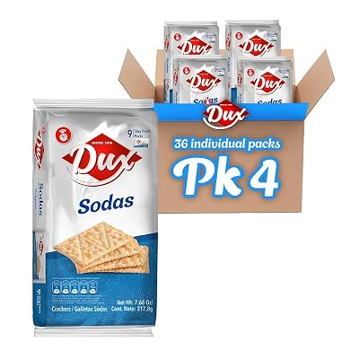 Dux, Sodas Crackers, Crunchy Taste For Snacking or Meals, Enjoy Anytime, 7.62 Ounce, 1 Box contains 4 Bags, each with 9 Individual Packs and every pack includes 3 Crackers, totaling 36 crackers per box.